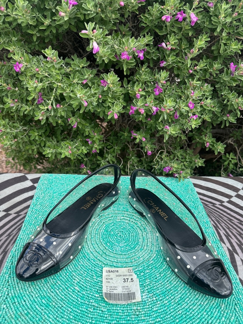 CHANEL PVC serial#GO2819 clear balerina flats 37 1/2 with Pearl Polka Studs-used